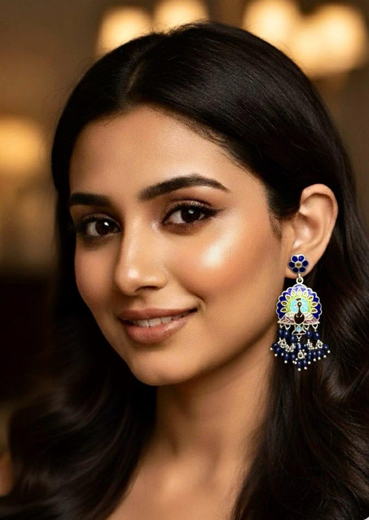 Meenakari Peacock Print 92.5 Silver Beaded Earring