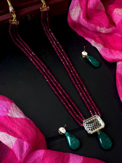 Monalisa Stone Pendant Three Layered Stone Beads Mala Necklace with Earring set