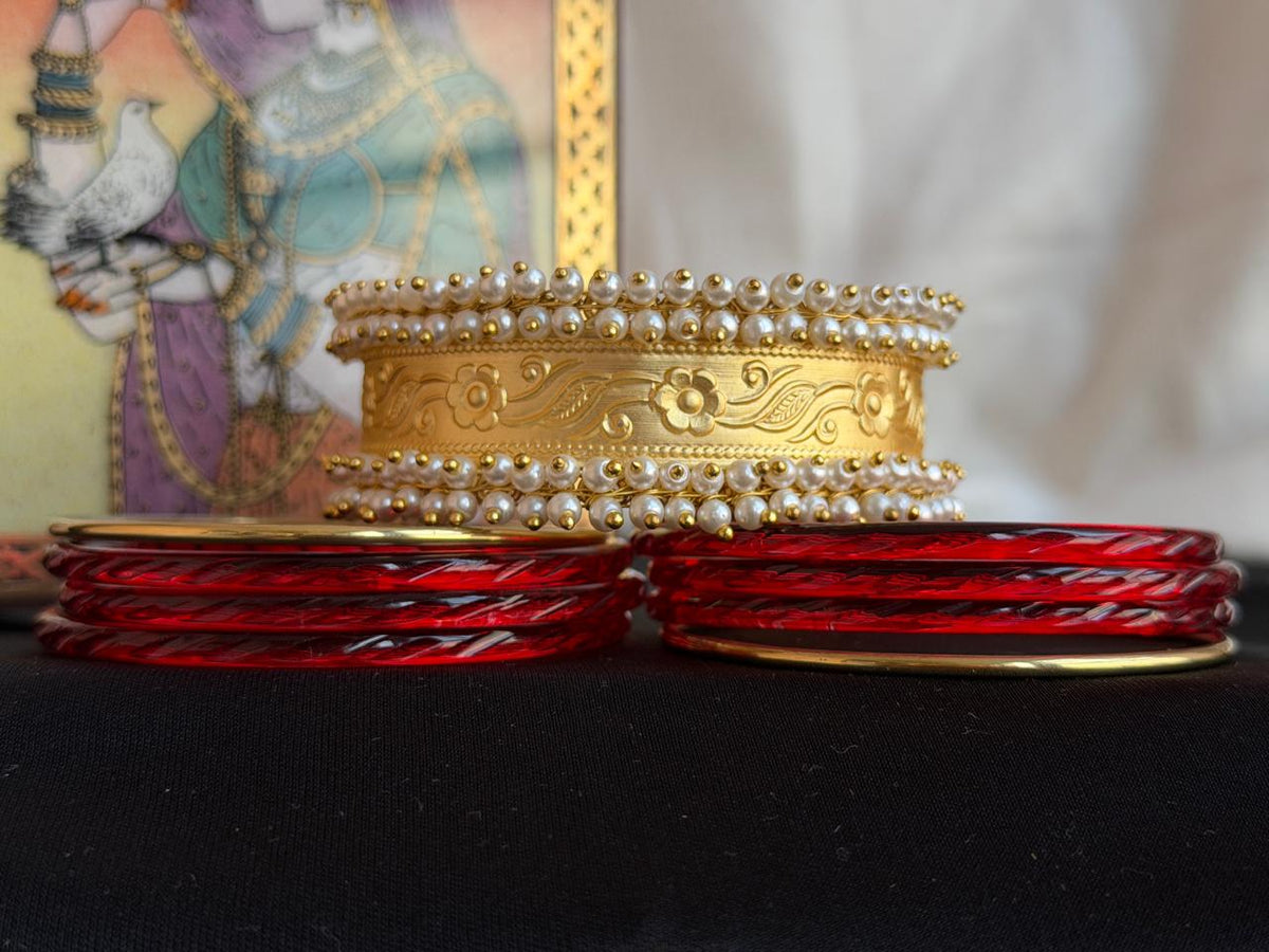 Golden Metal Bangles with Glass Bangles and Golden Kada Combo