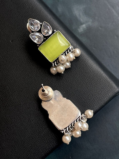 Three Monalisa Stone with One Reactangular Monalisa Stone Beaded Stud Earring