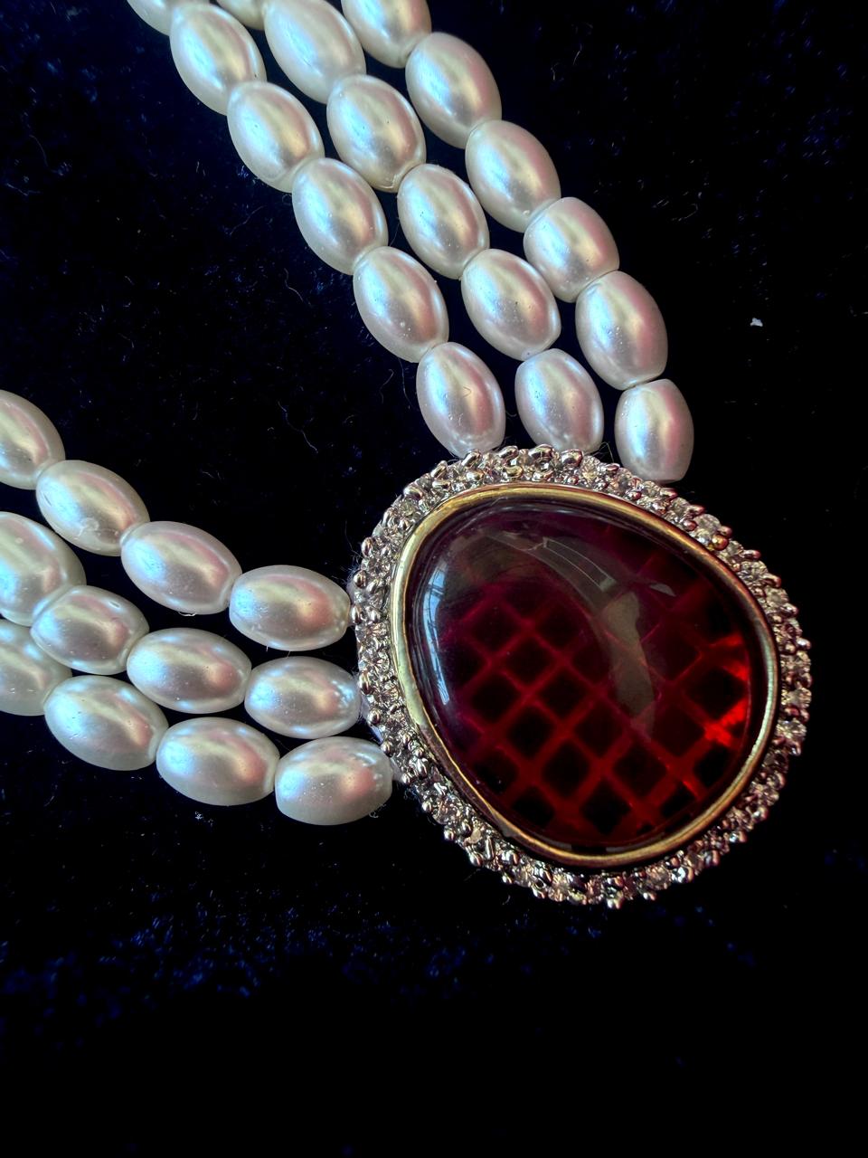 Monalisa Stone Pendant Beaded Three Layere Mala Necklace