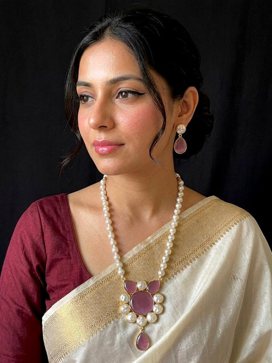 Monalisa Stone Shell Pearl Necklace with Earring set