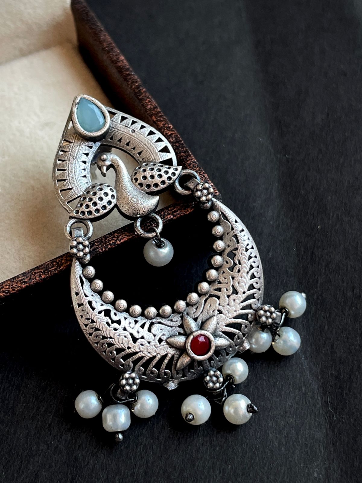 Peacock Shape Chandbali Oxidized Drop Earring