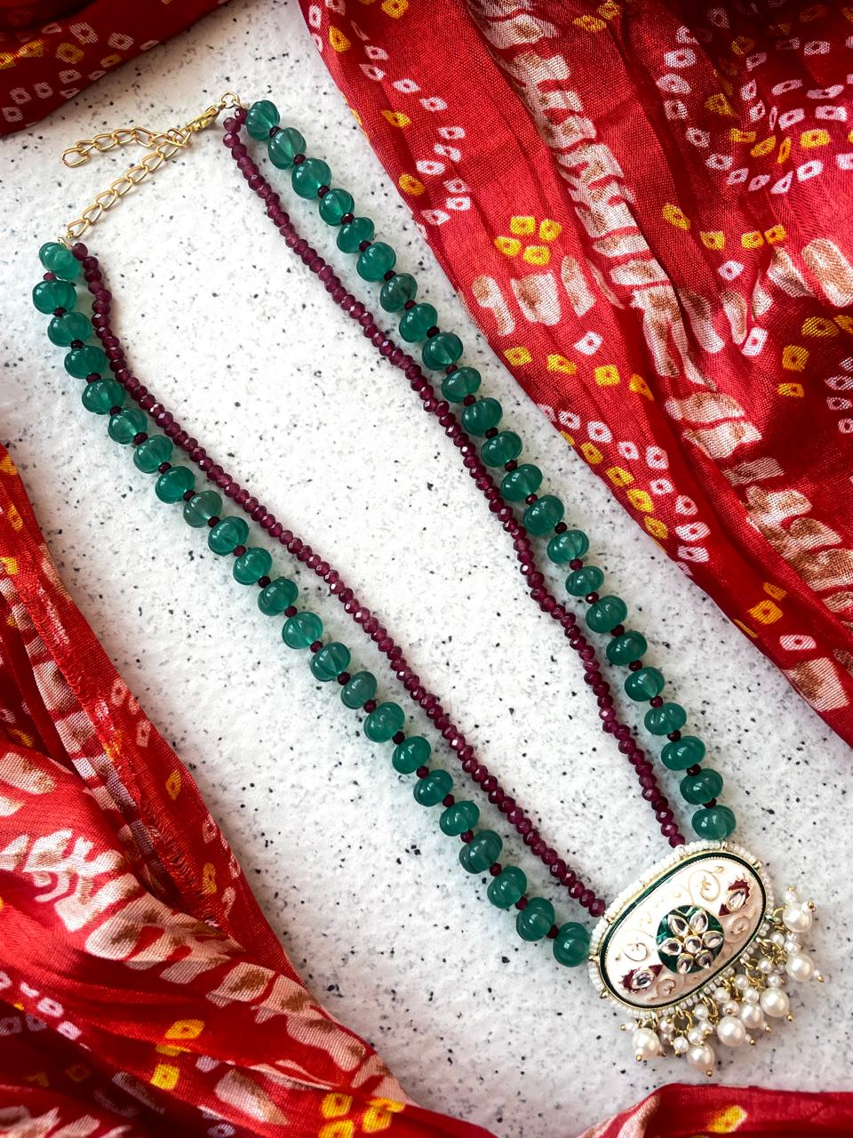 Pumpkin Beads with Glass Beads Mala and Meenakari Pendant Necklace