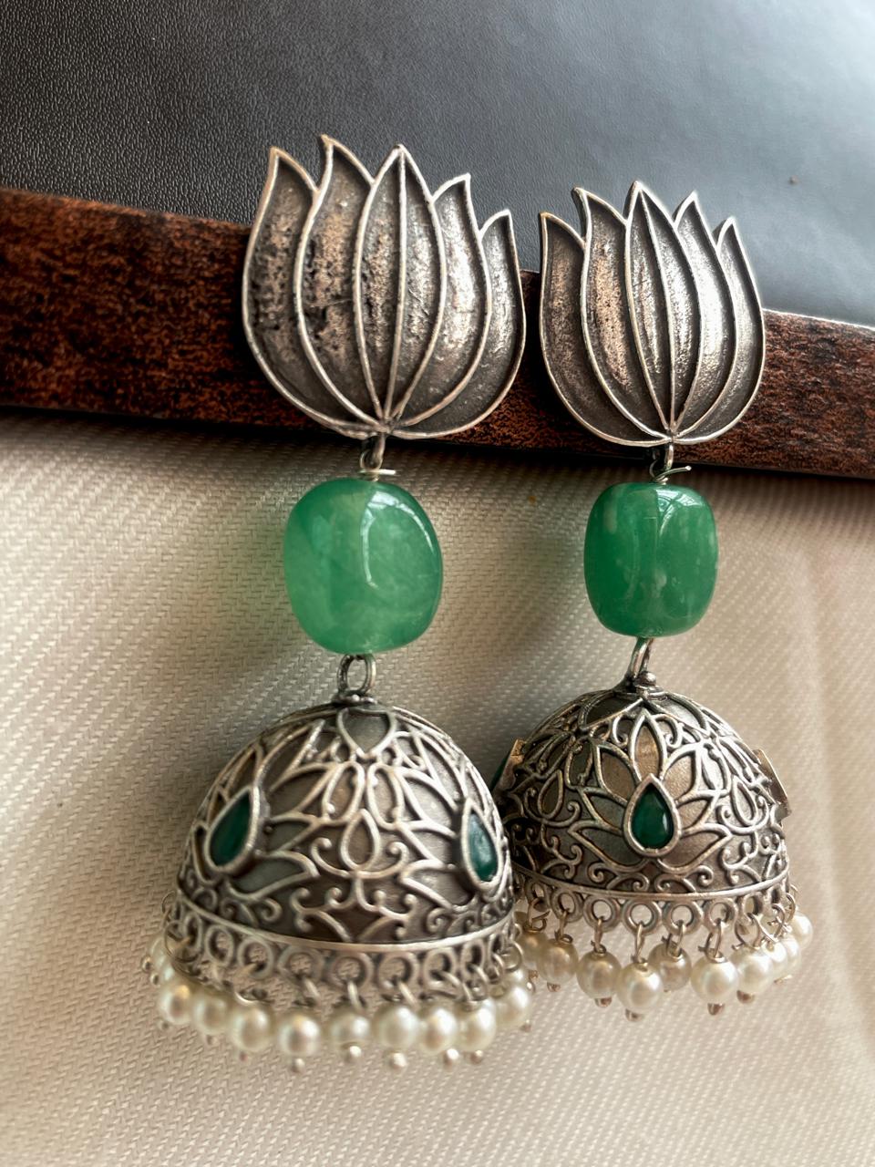 Lotus Top, Natural Stone and Silver Replica Jhumki Earring