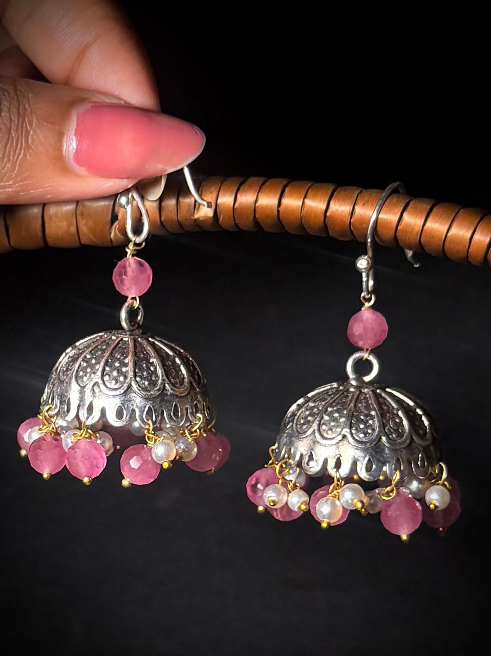 Cut Stone Beaded Silver Jhumki Earring