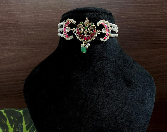 Kundan Pendant Pearl Three Layer Mala Choker Necklace