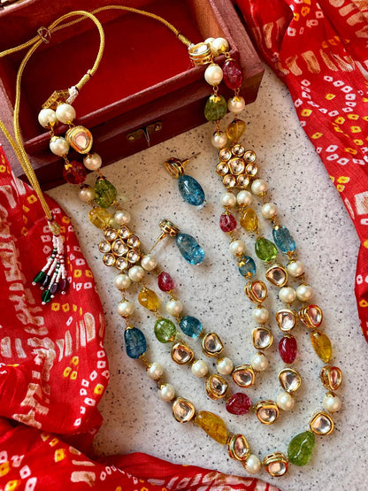 Stone Beads with Kundan Double Layer Heavy Partywear Mala with Earring set