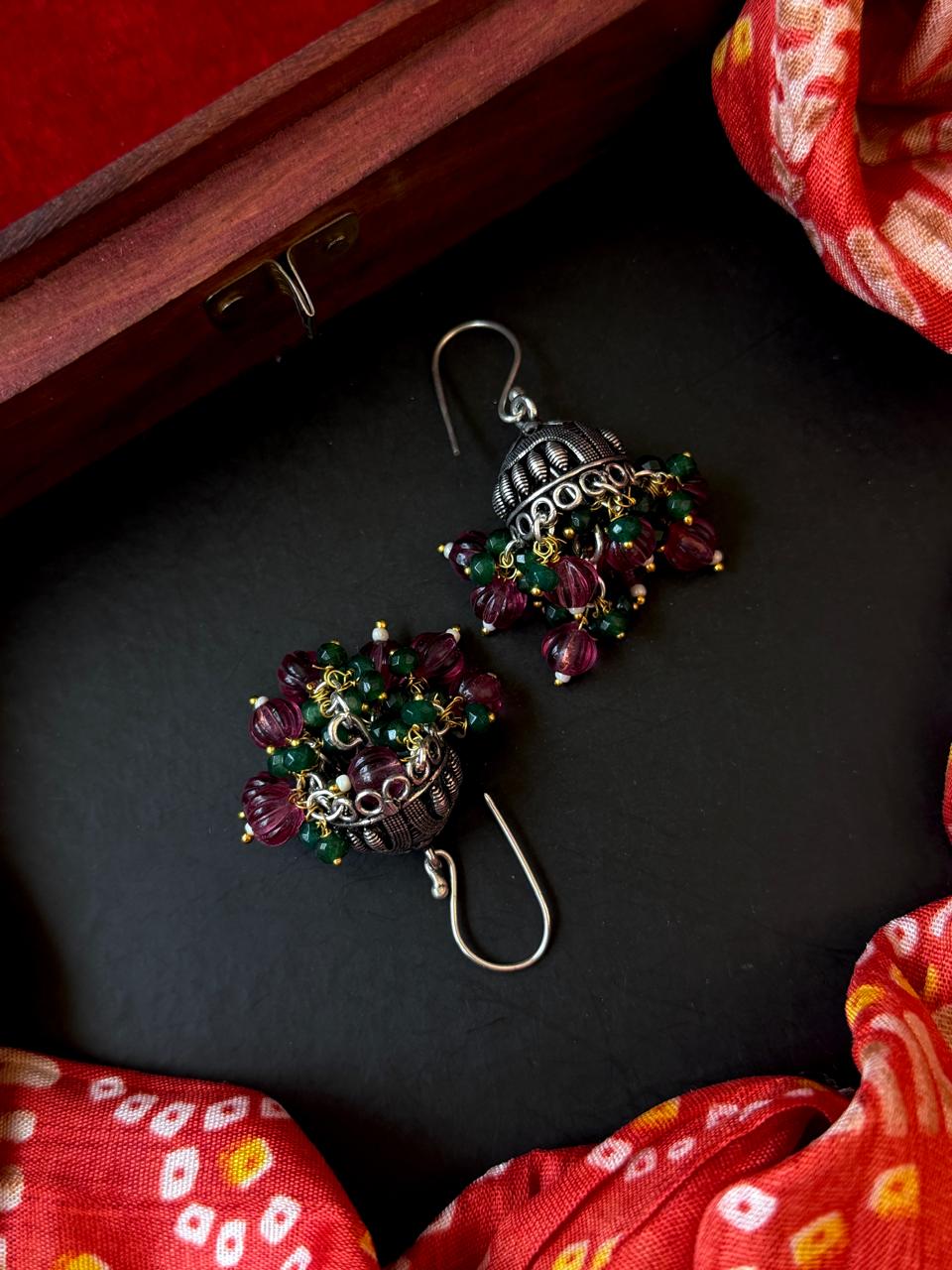 Stone Beaded Partywear Oxidized Jhumki Earring