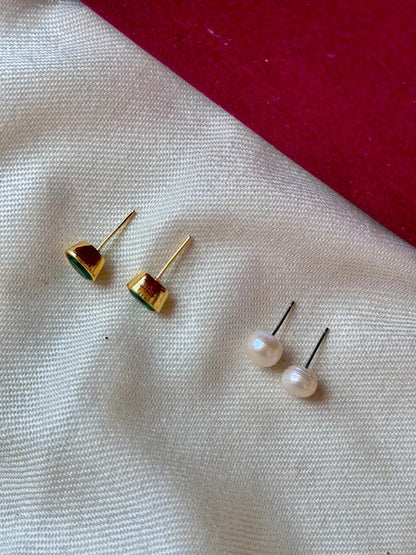 Monalisa Stone Oval Golden Earring with Pearl Earring Combo set