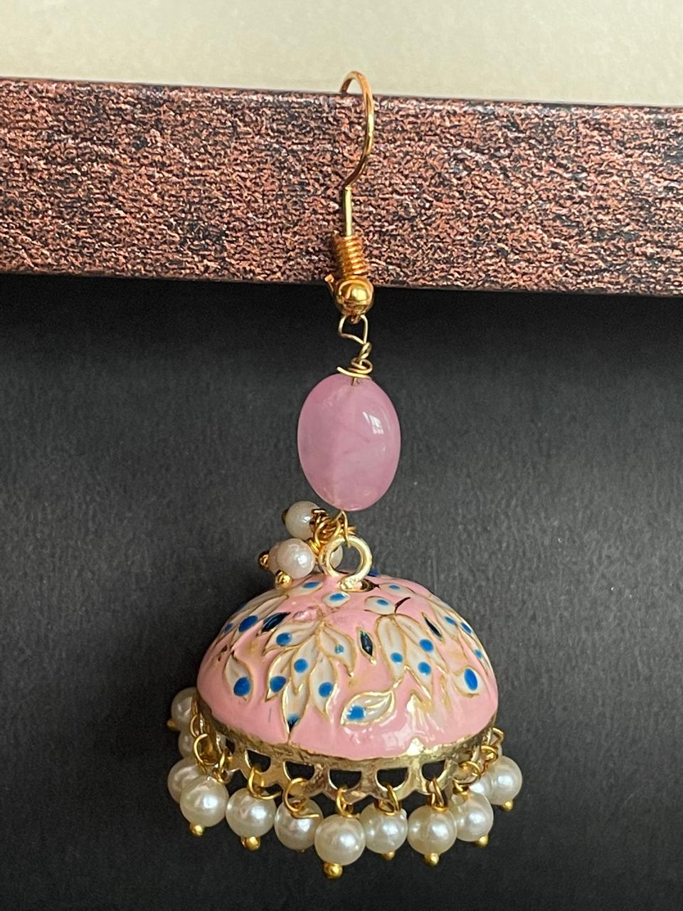 Meenakari Jhumka with Zade Stone and Cheed Earring