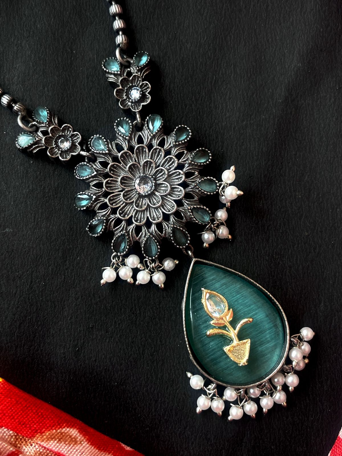 Monalisa Stone Pendant Oxidized Necklace with Earring Set