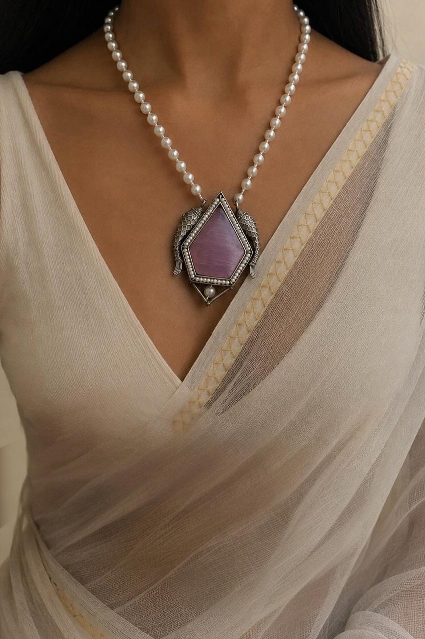 Monalisa Stone Oxidized Pendant Baeded Mala Necklace with Earring set