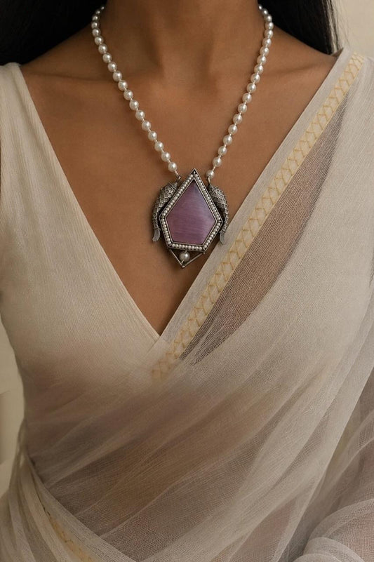 Monalisa Stone Oxidized Pendant Baeded Mala Necklace with Earring set