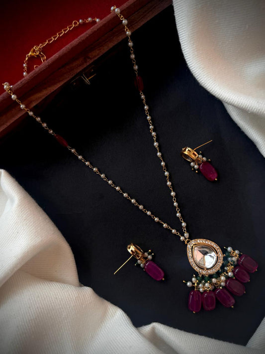 Kundan Beaded Pendant Chain Necklace with Earring set