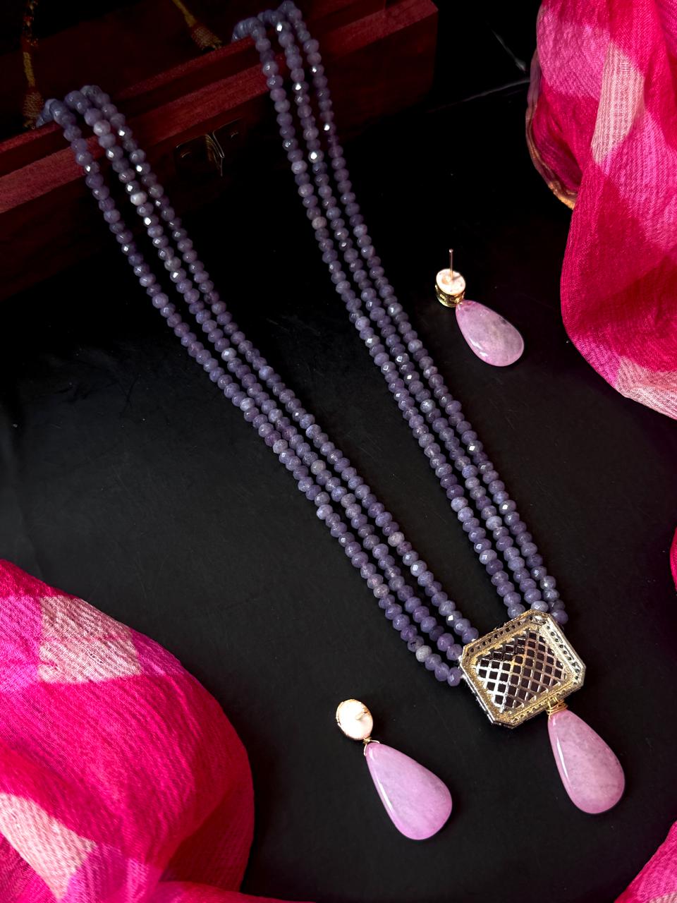 Monalisa Stone Pendant Three Layered Stone Beads Mala Necklace with Earring set