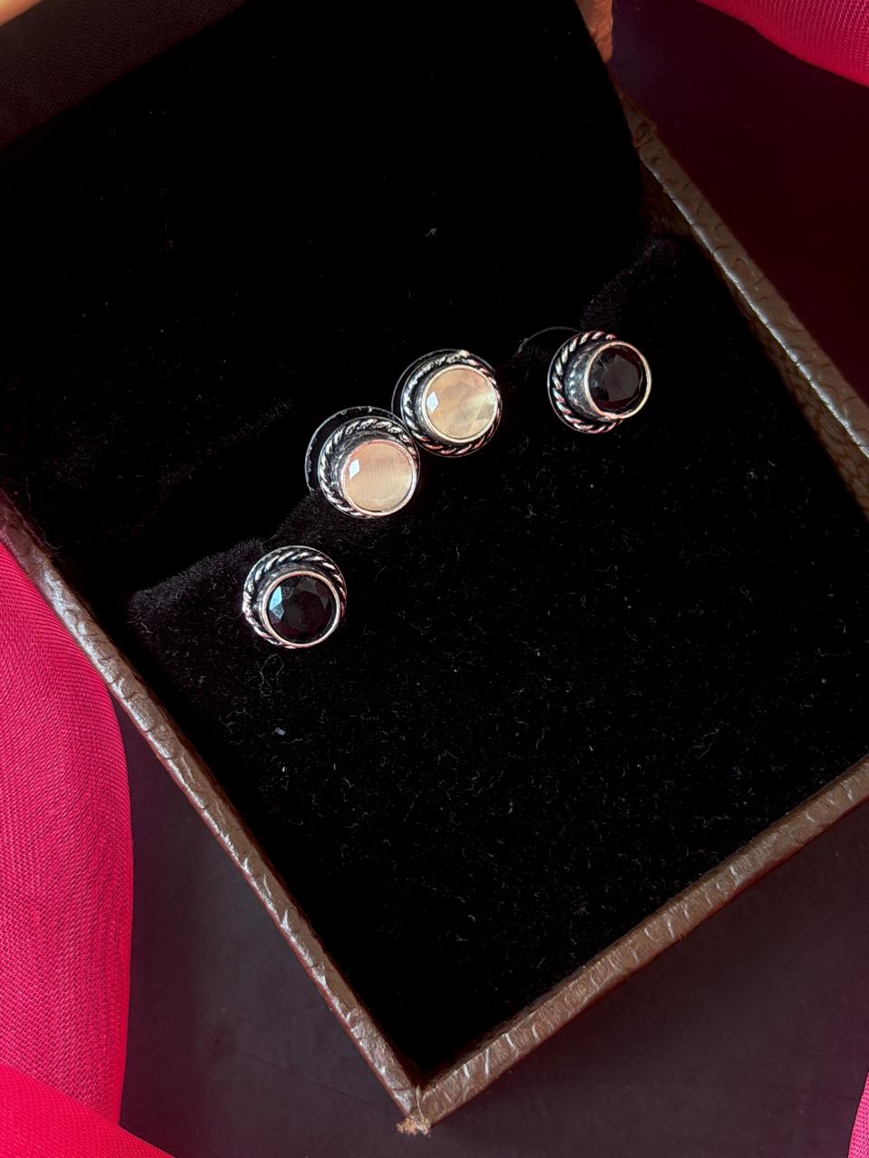 Set of 2 Oxidized Monalisa Stone Studs with One Oxidized Jhumki Earring