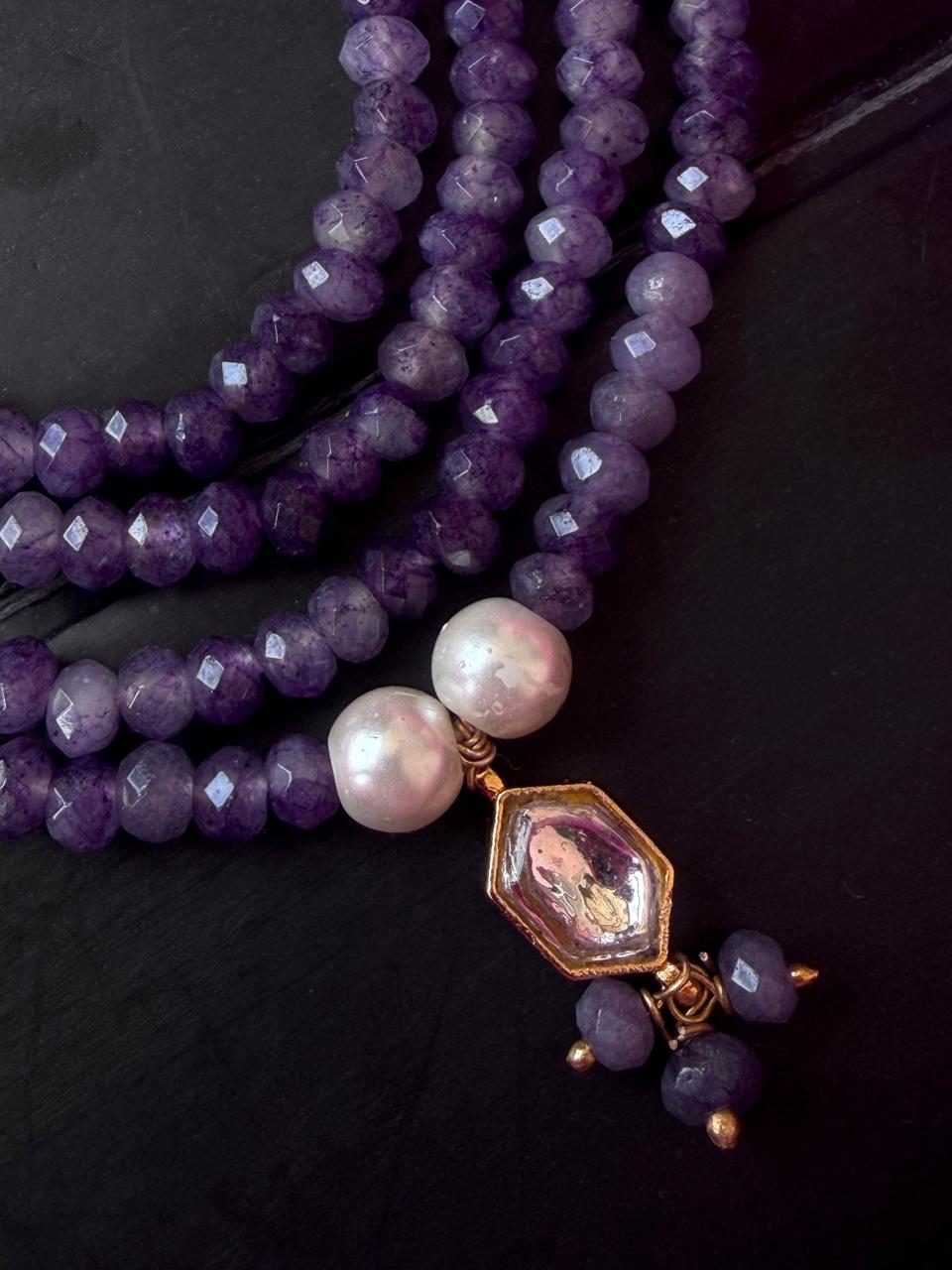 Pachi Kundan Pendant with Stone Beads Four Mala and Earring Set