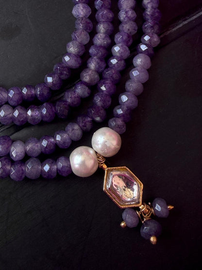 Pachi Kundan Pendant with Stone Beads Four Mala and Earring Set