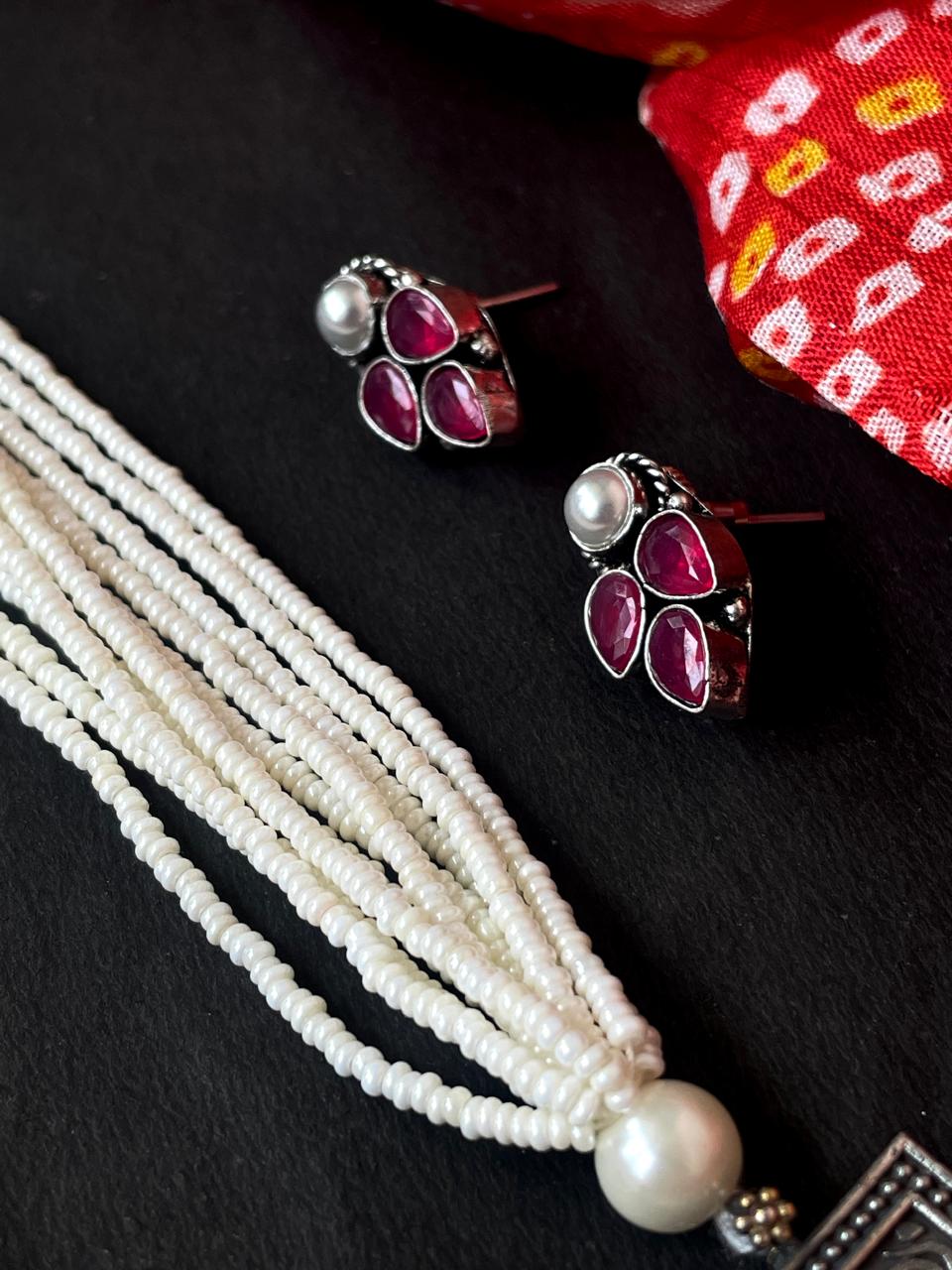 Oxidized Pendant Beaded Mala Necklace with Earring Set