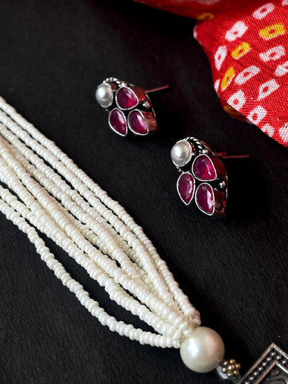 Oxidized Pendant Beaded Mala Necklace with Earring Set