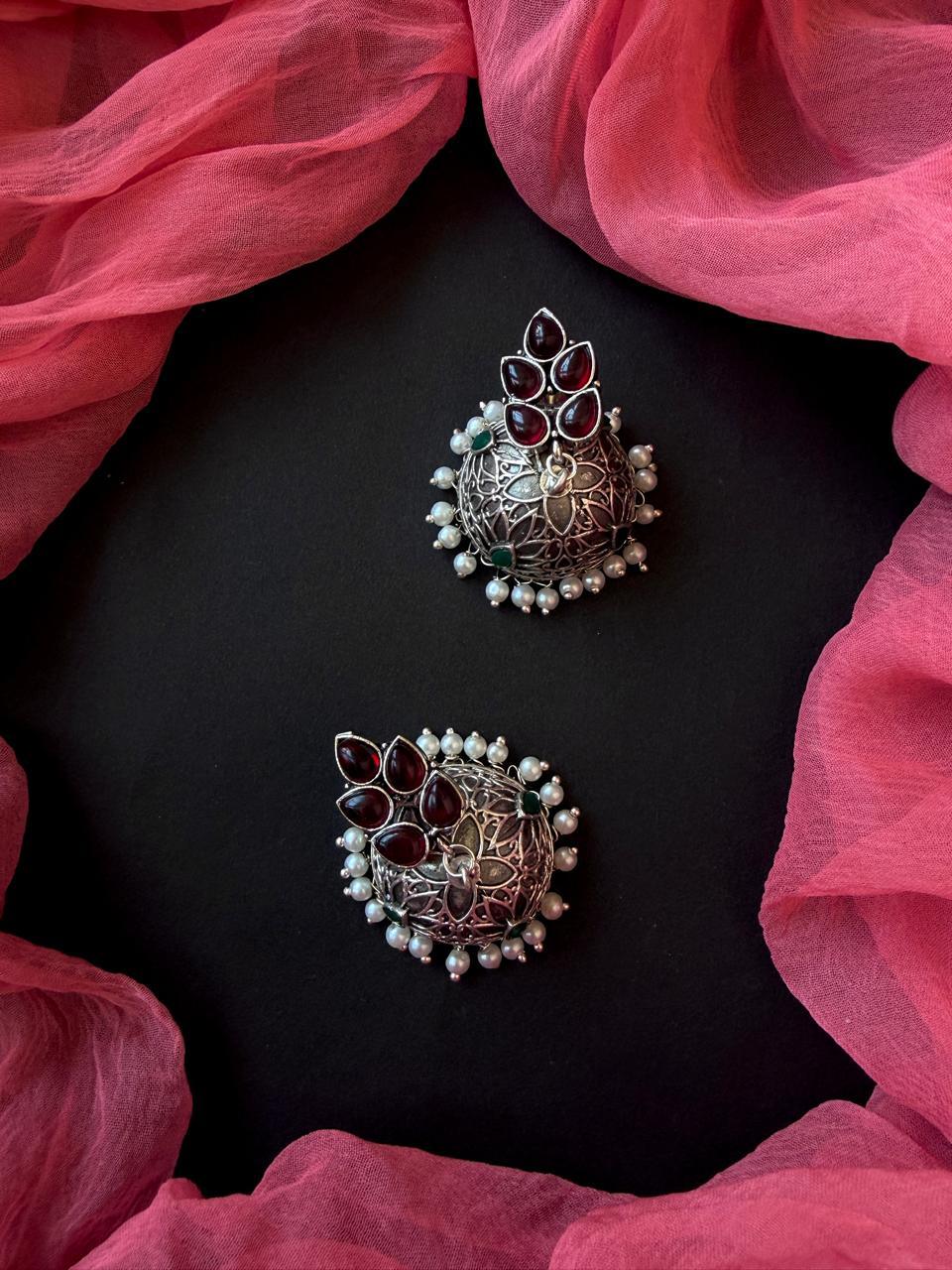 Natural Stone Top with Silver Replica Jhumka Earring