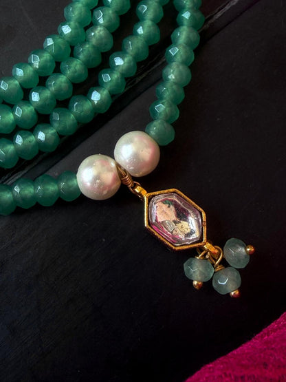 Pachi Kundan Pendant with Stone Beads Four Mala and Earring Set