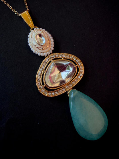 Kundan with Stone Pendant Chain Necklace and Kundan Earring set