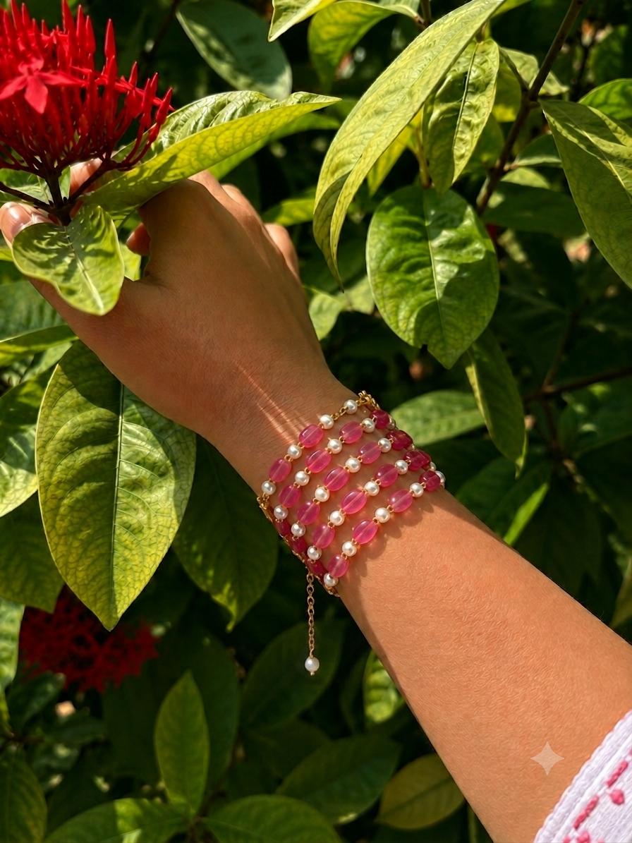 Stone Beads and Pearl Five Layered Bracelet