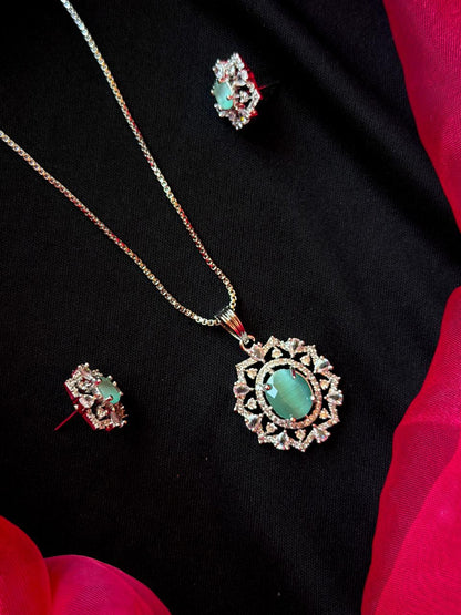 AD stone Pendant Chain Necklace with Earring set