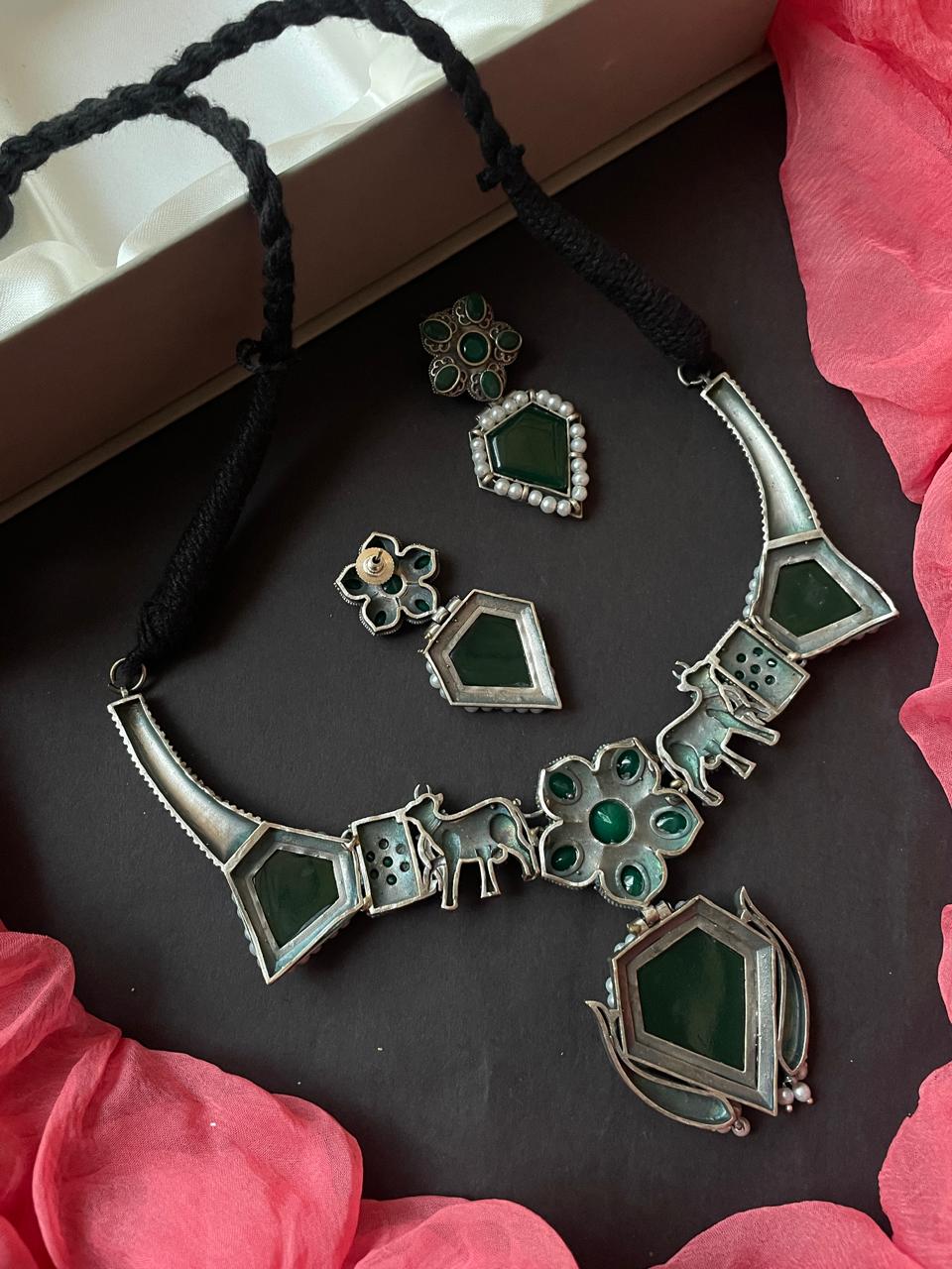 Monalisa Stone Oxidized Necklace with Earrijg set