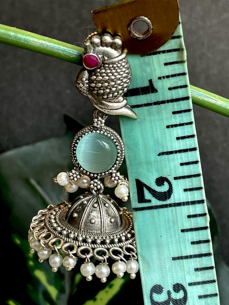 Silver Replica Mushroom Jhumki with Monalisa Stones Earring
