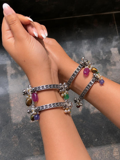 Oxidized Ghunghroo Bangles tih Stones Beads
