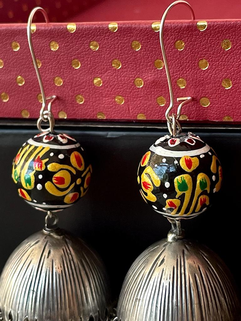 Oxidized Double layed Beaded Jhumka with Wooden Ball Earring