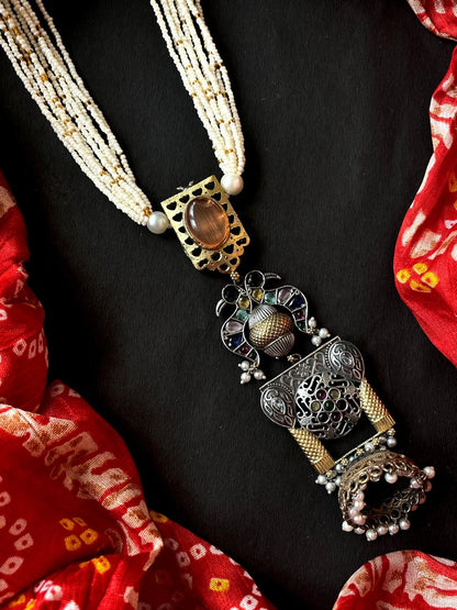 Dual Tone Long Pendant Beaded Mala Necklace