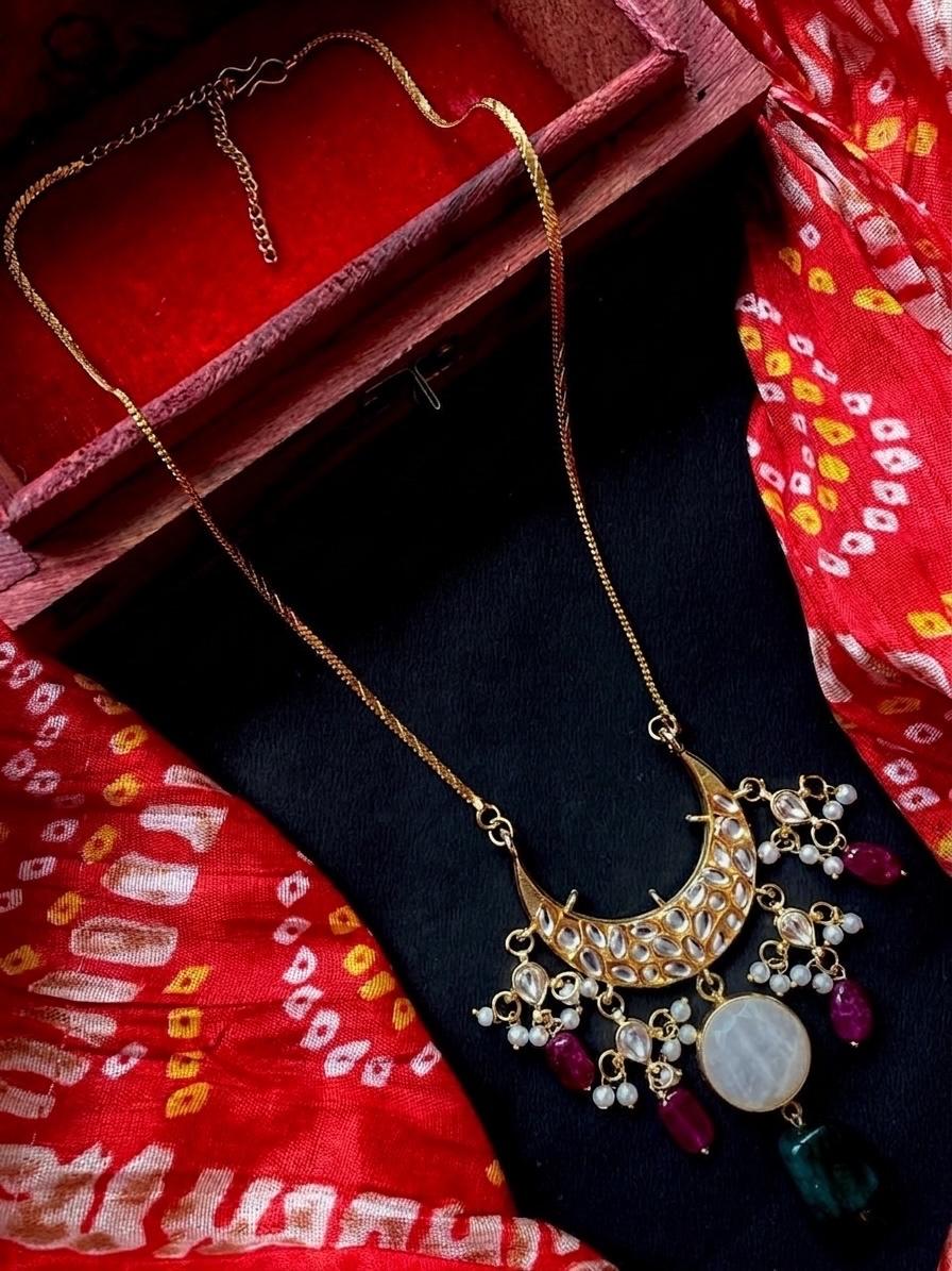 Moon Shape Kundan, Pachi Kundan and Monalisa Stone Pendant Necklace