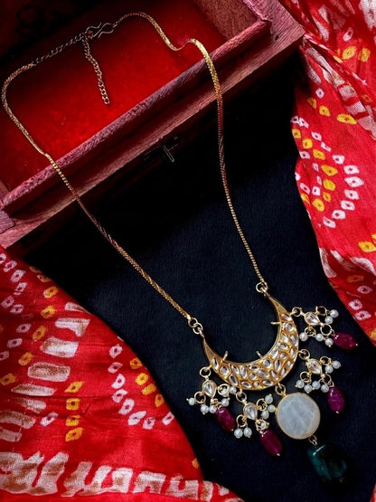 Moon Shape Kundan, Pachi Kundan and Monalisa Stone Pendant Necklace
