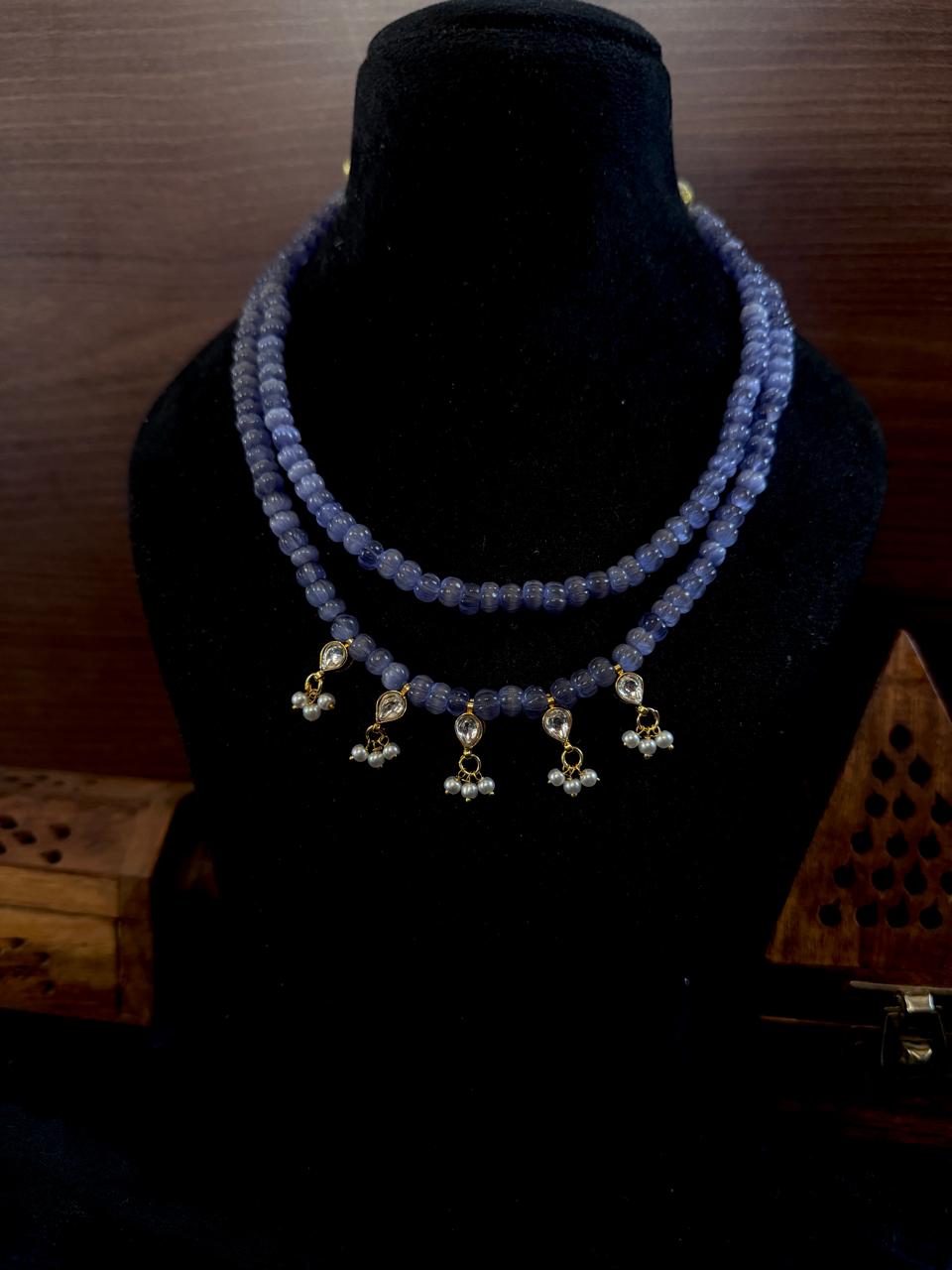 Monalisa Semi Precious Pumpkin Beaded Mala with Kundan and Earring Set