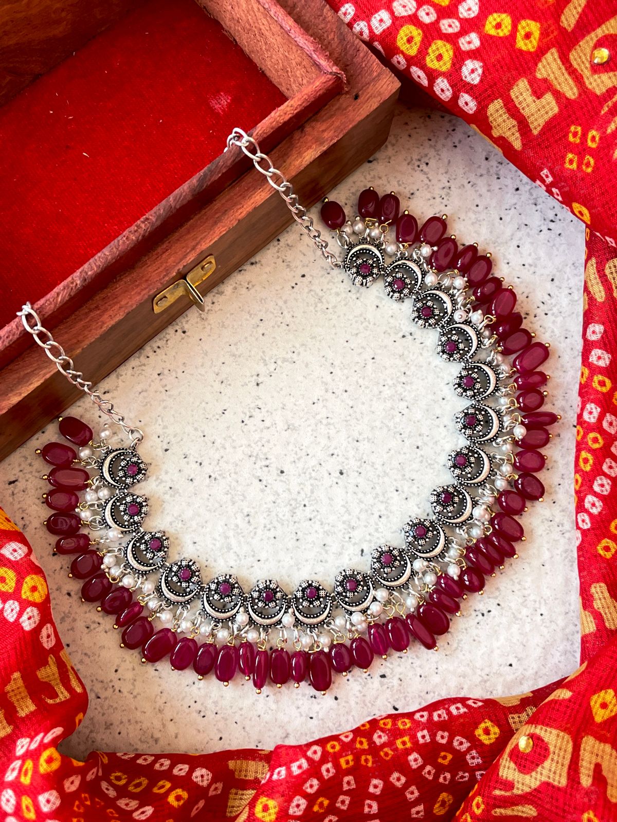 Jade Stone Beaded Oxidized Choker with Earring set