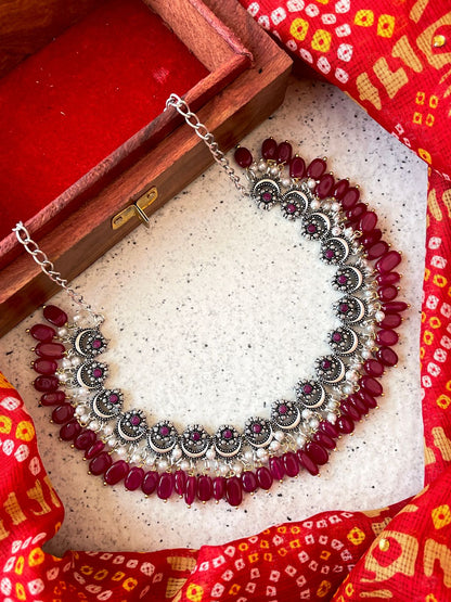 Jade Stone Beaded Oxidized Choker with Earring set