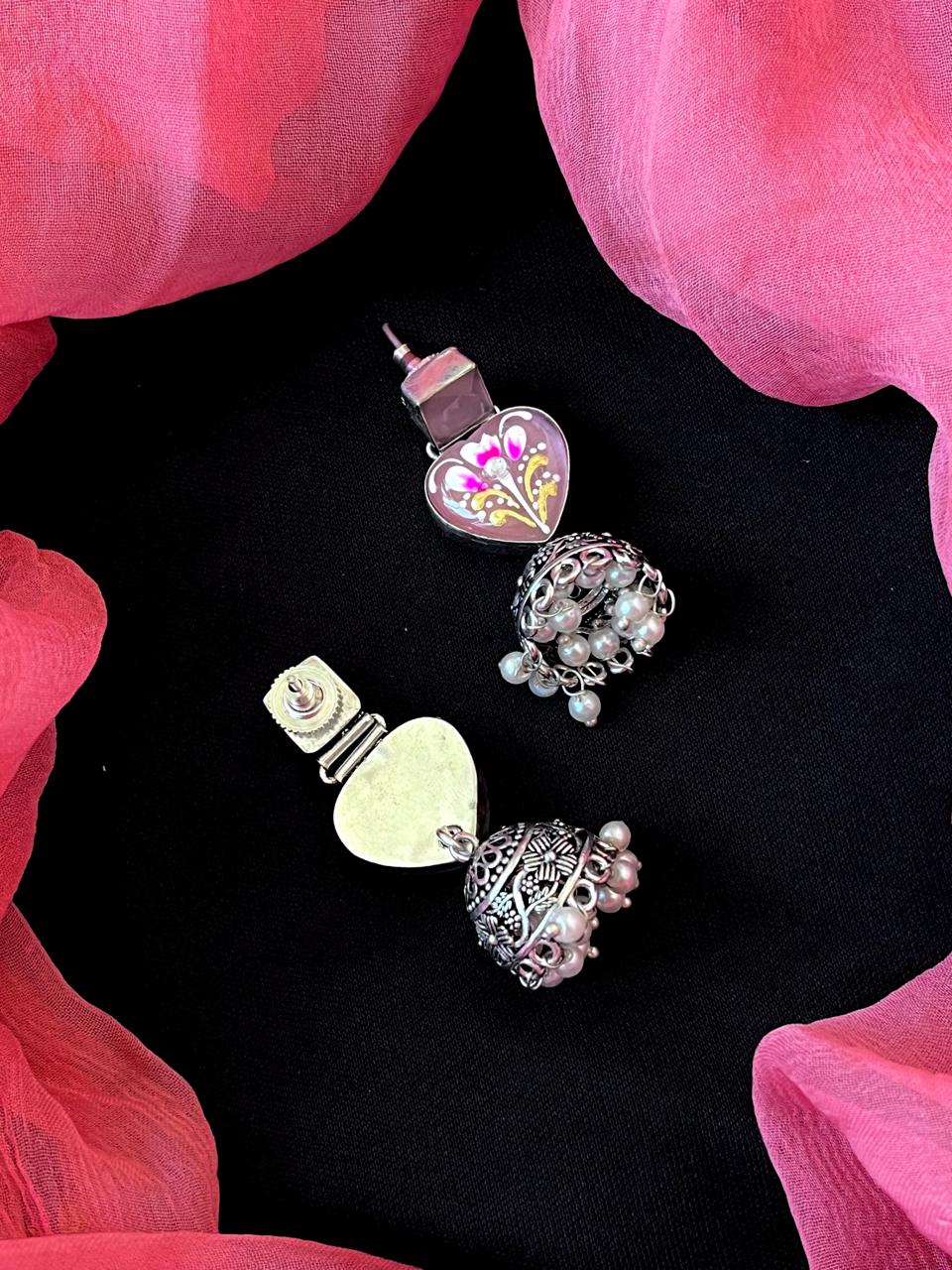 Hand Painted Monalisa Stone Top with Silver Replica Jhumki Earring