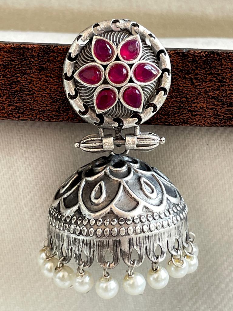 Silver Replica Jhumka Earring with Beads and stones