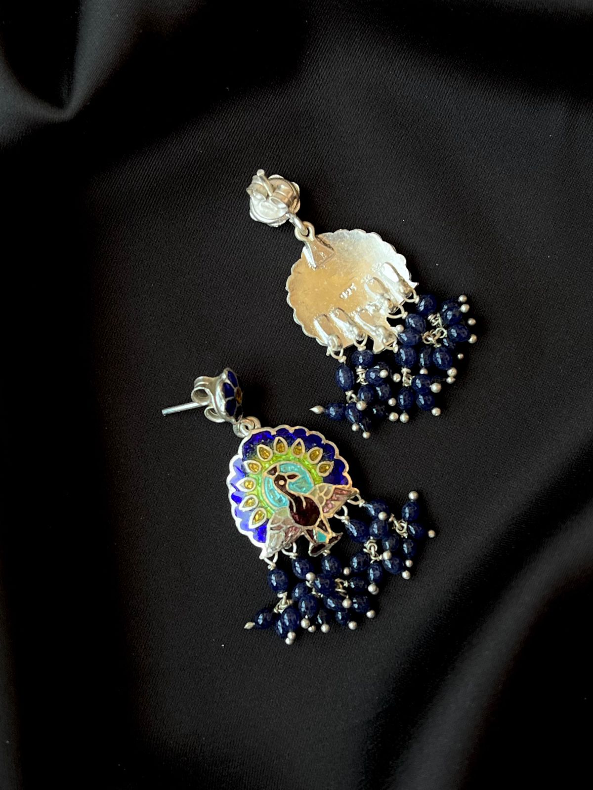 Meenakari Peacock Print 92.5 Silver Beaded Earring