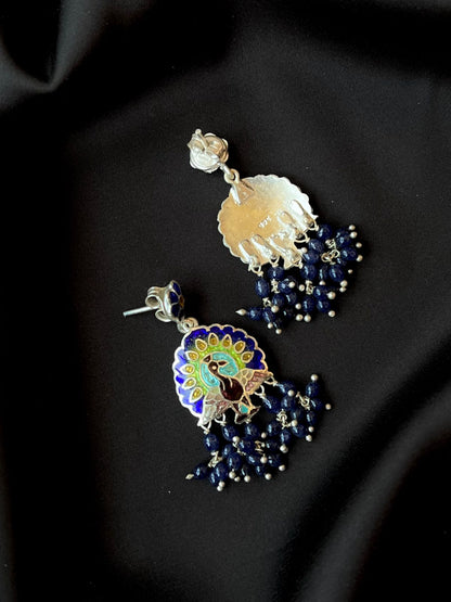 Meenakari Peacock Print 92.5 Silver Beaded Earring
