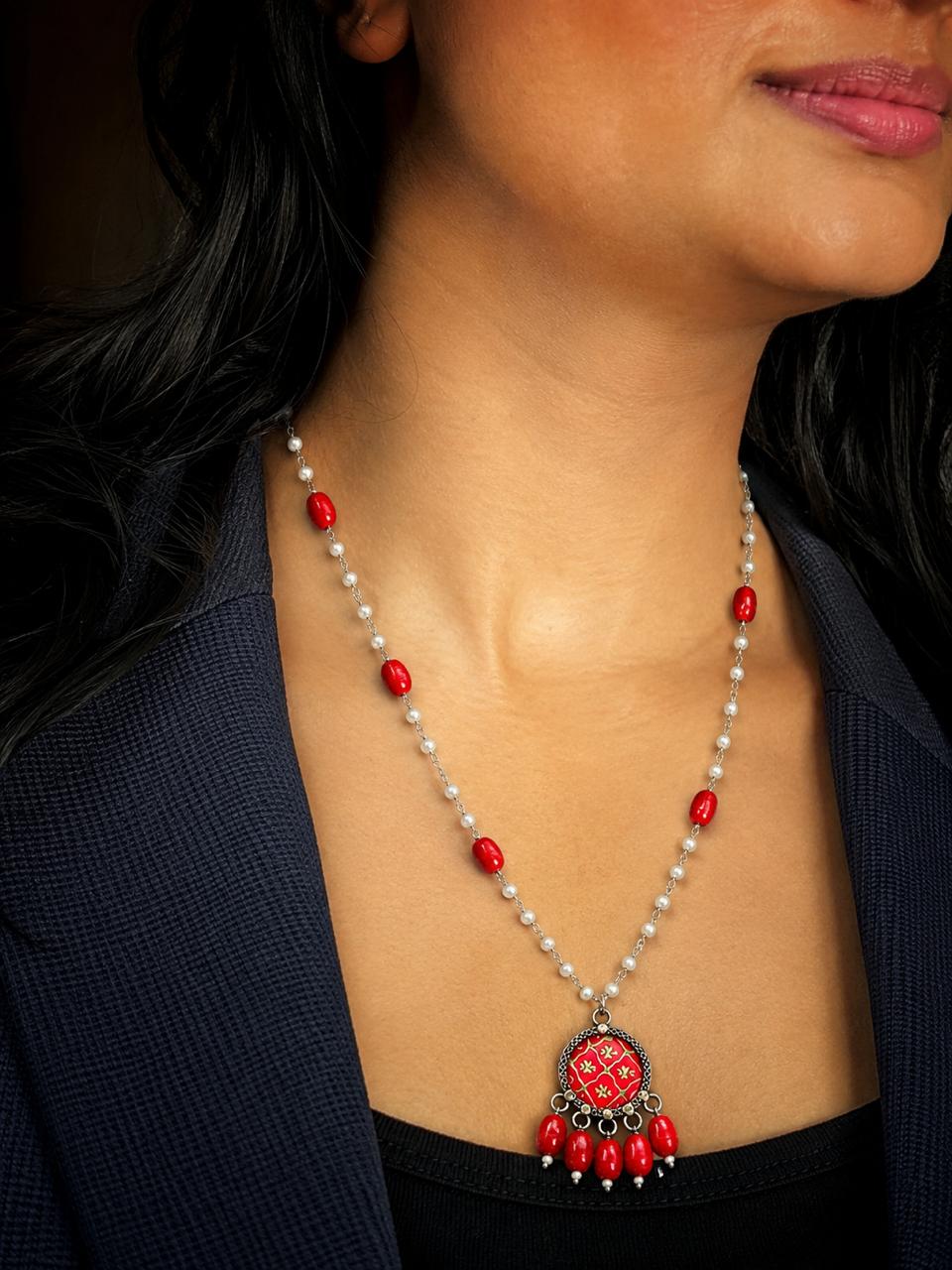 Hand Painted Pendant Beaded Chain Necklace