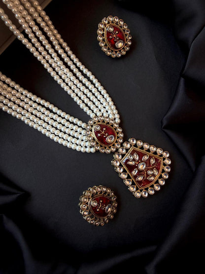 Meenakari Pendant Beaded Mala Necklace with Earring set