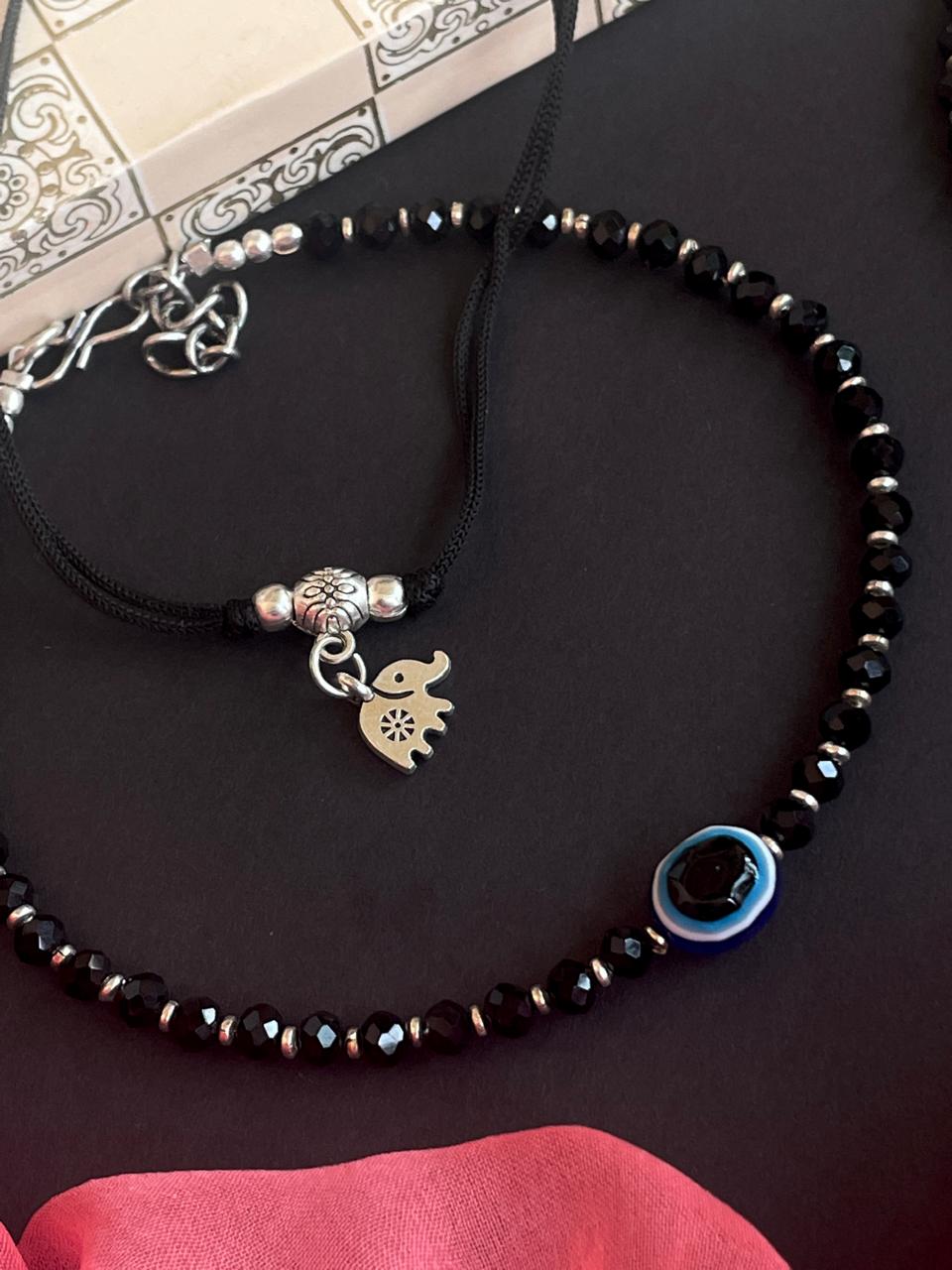 Set of 2 pairs of Crystal Beads and Oxidized Elephant and Evel Eye Anklets