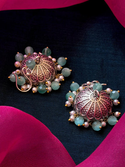 Cut Stone Beaded Silver Jhumki Earring
