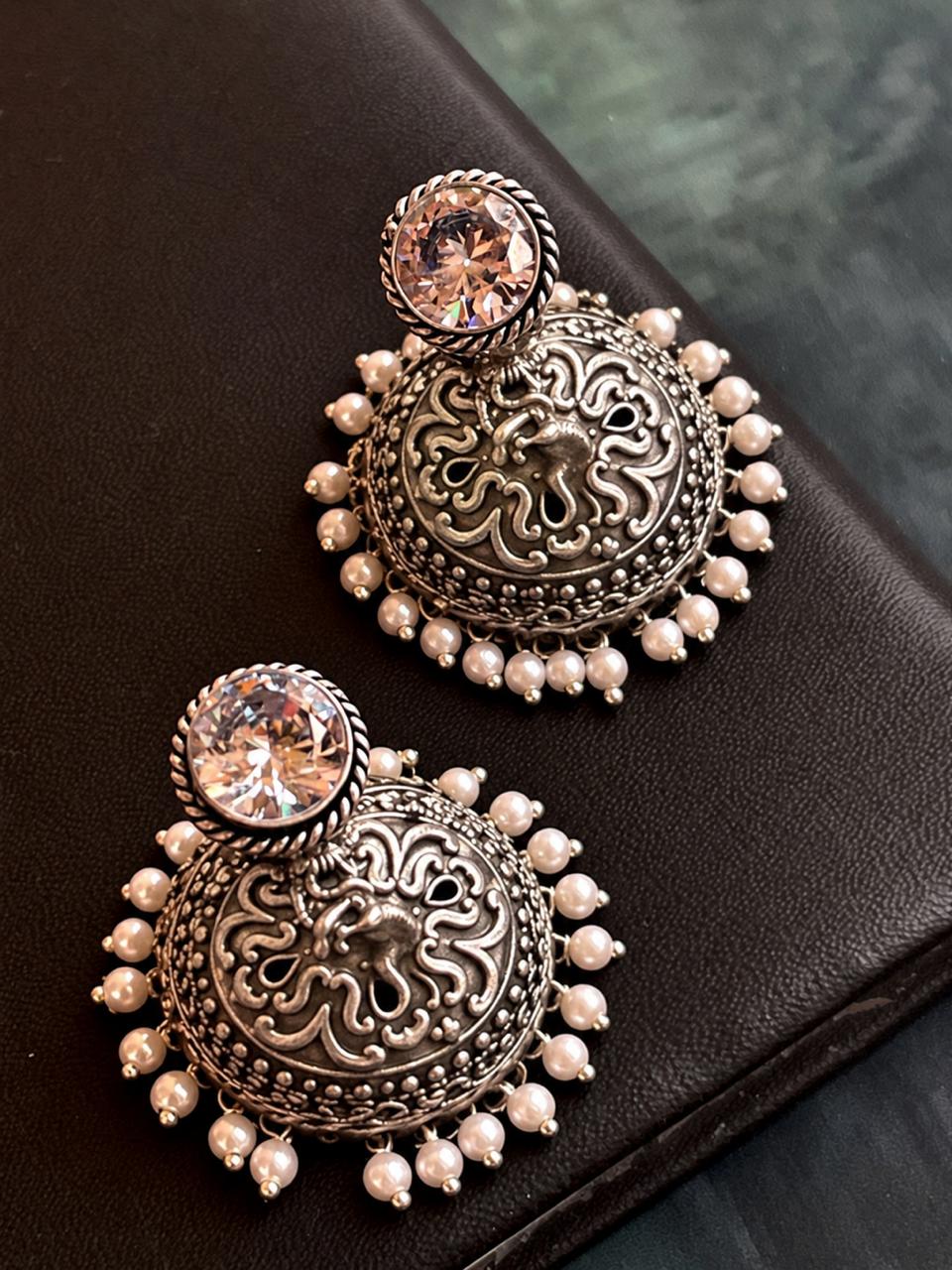 White Stone Top with Silver Replica Jhumki Earring