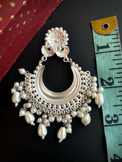White Silver Replica Beaded Chandbali Earring